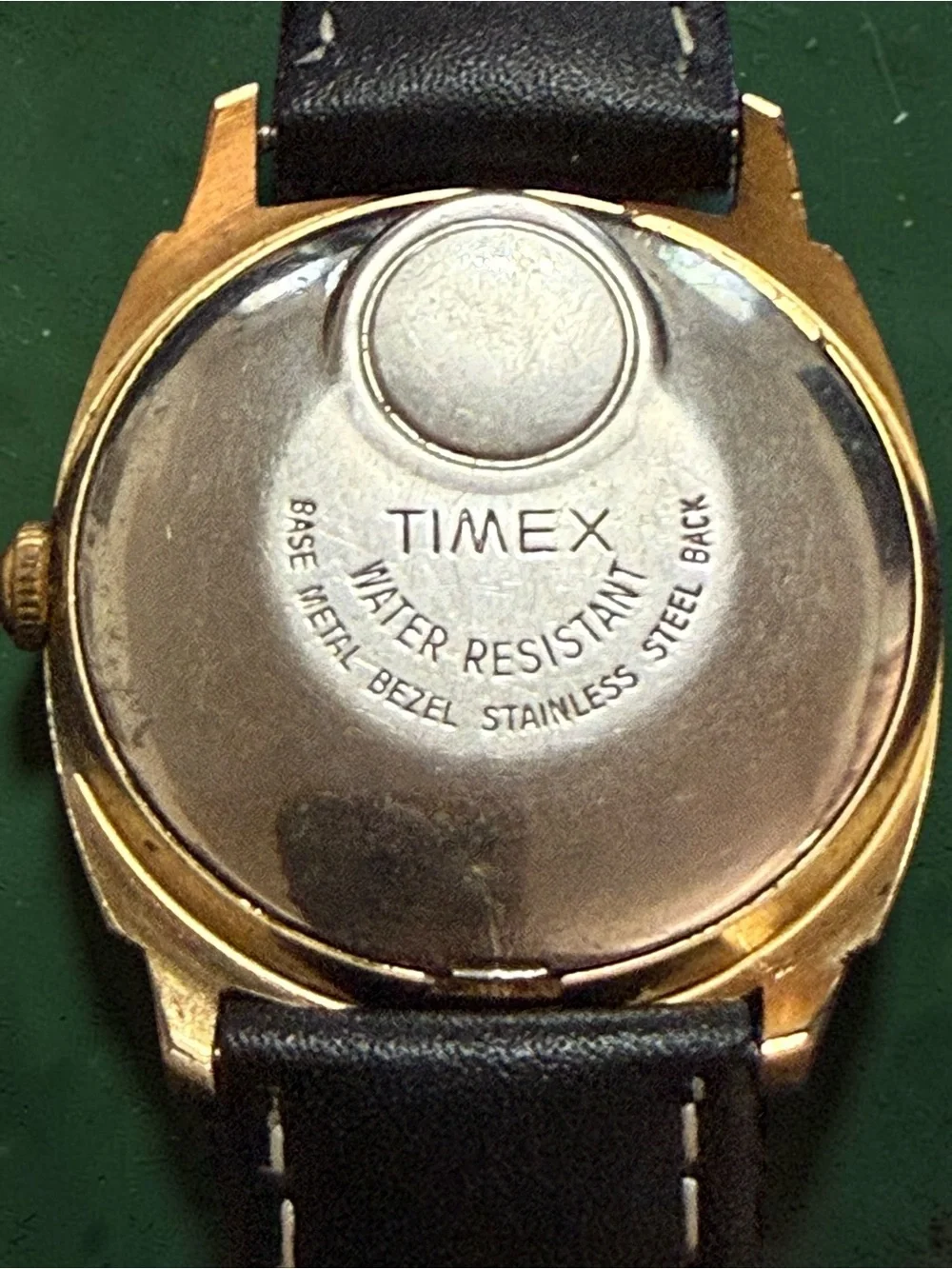 Vintage Timex Gold-Tone cushion Case with Champagne Dial and Black Leather Strap